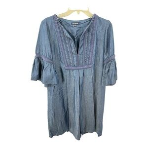 Max Edition Mid Length Bell Sleeve Blue Chambray Dress with Blue Braided Trim